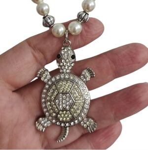 Faux Pearl Silvertone Turtle Pendant Necklace & Earring Set